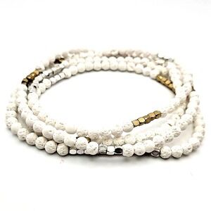 White Lava Stone Stretch Wrap‎ Bracelet 34" 4.5mm Stone Beads, Plated Brass